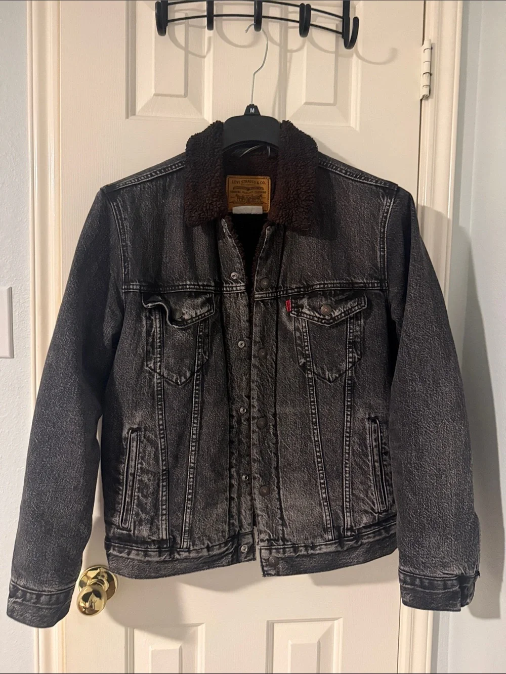 Levi's Fresh leaves Gray Washed Denim Jacket with Red Sherpa Collar
